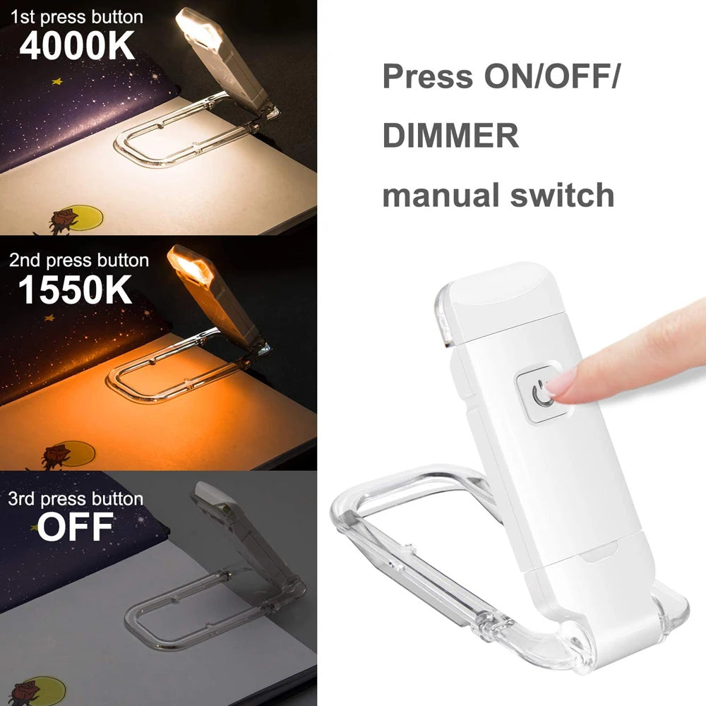 New USB Rechargeable Book Reading Light Brightness Adjustable LED Clip on Book Light Eye Care Book Lamp for Kids Read Light