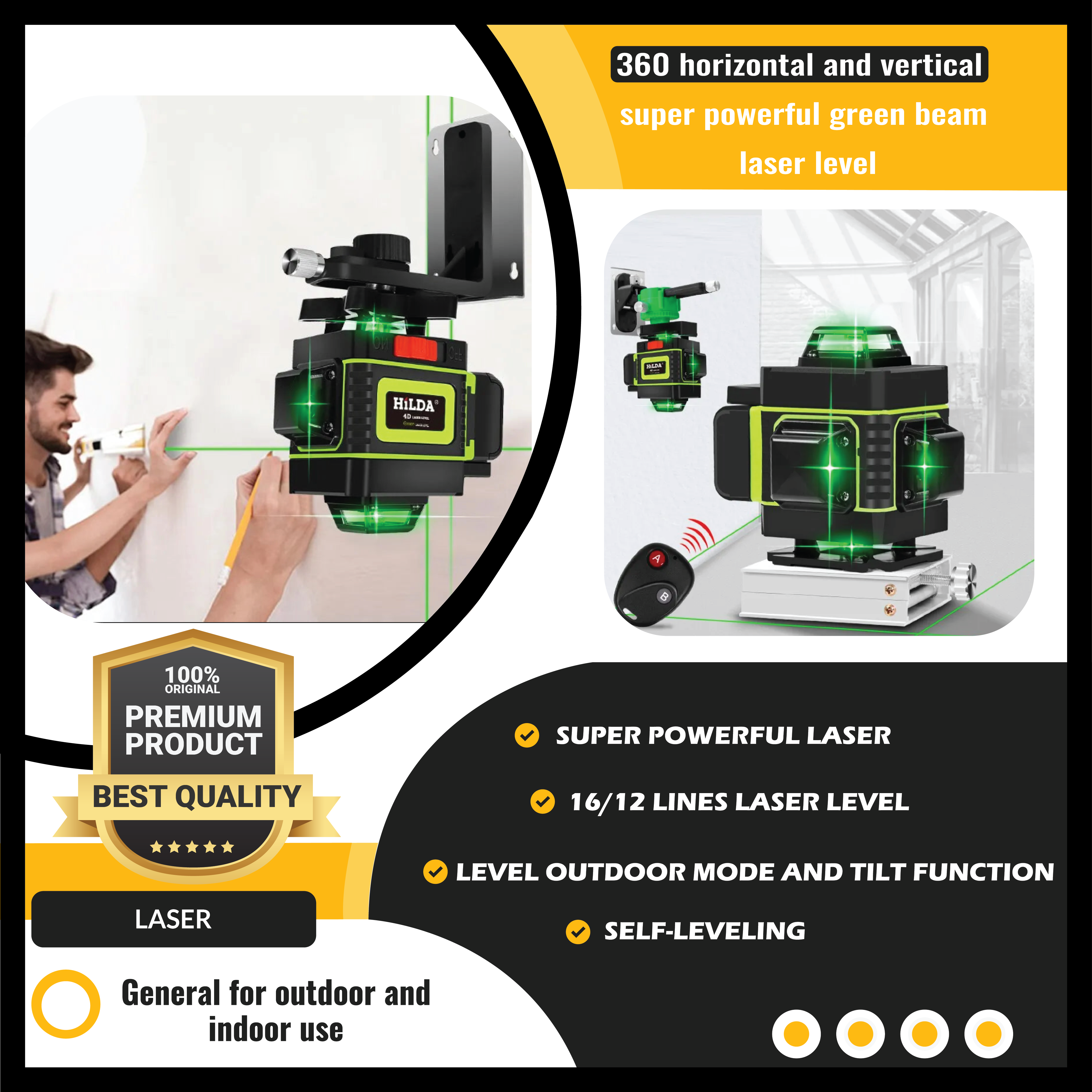 This laser level emits a green beam with 360° of horizontal and vertical self-leveling accuracy. The level's laser can cast a powerful light for maximum accuracy.