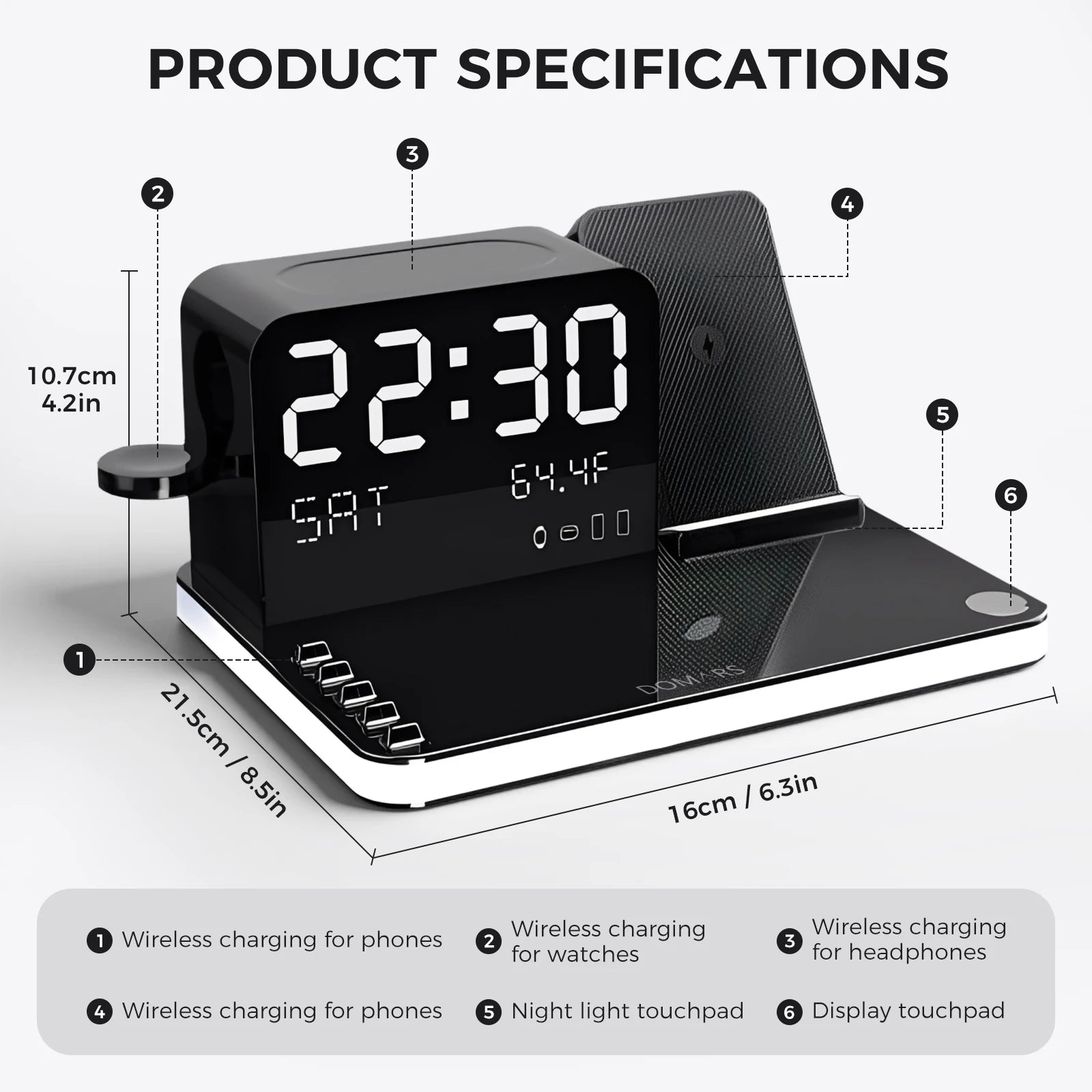 Domars 7-In-1 Wireless Charger Phone Charging Stand with Night Light Time Temperature Display for Iphone Headphones and Watches