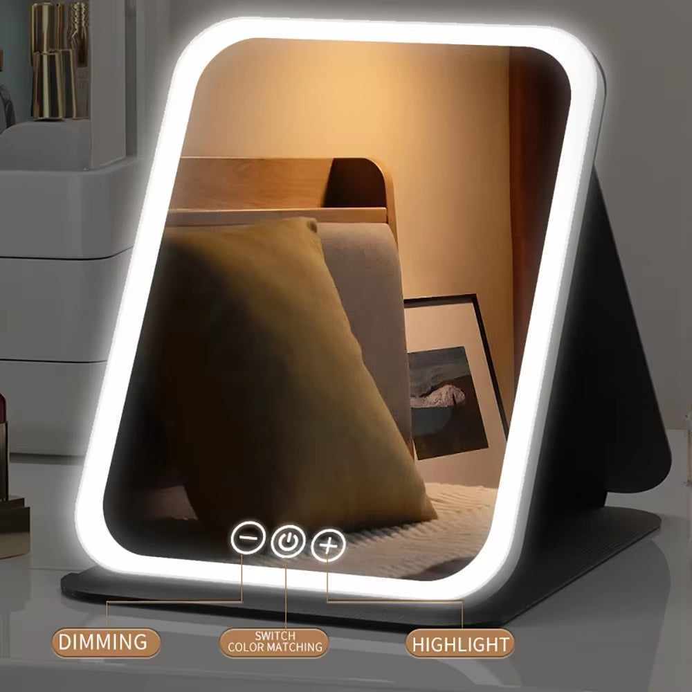 LED Dimmable Makeup Mirror 3 Colors Light Modes Adjust Brightness USB Charing Fold Mirror Tabletop Vanity Mirror for Travel Home