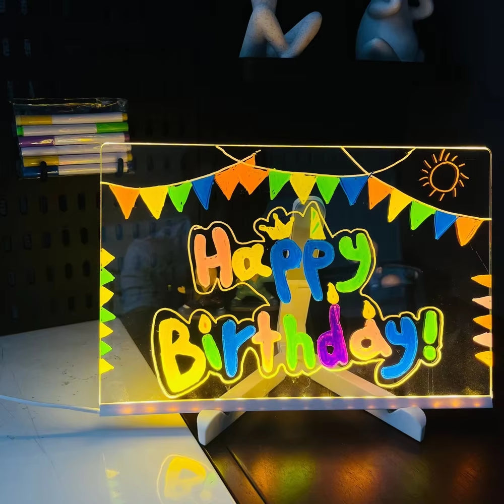 LED Note Board DIY Acrylic Night Light 7 Pens Drawing Board Rechargeable RGB Erasable Painting Drawing Boards Kids Birthday Gift