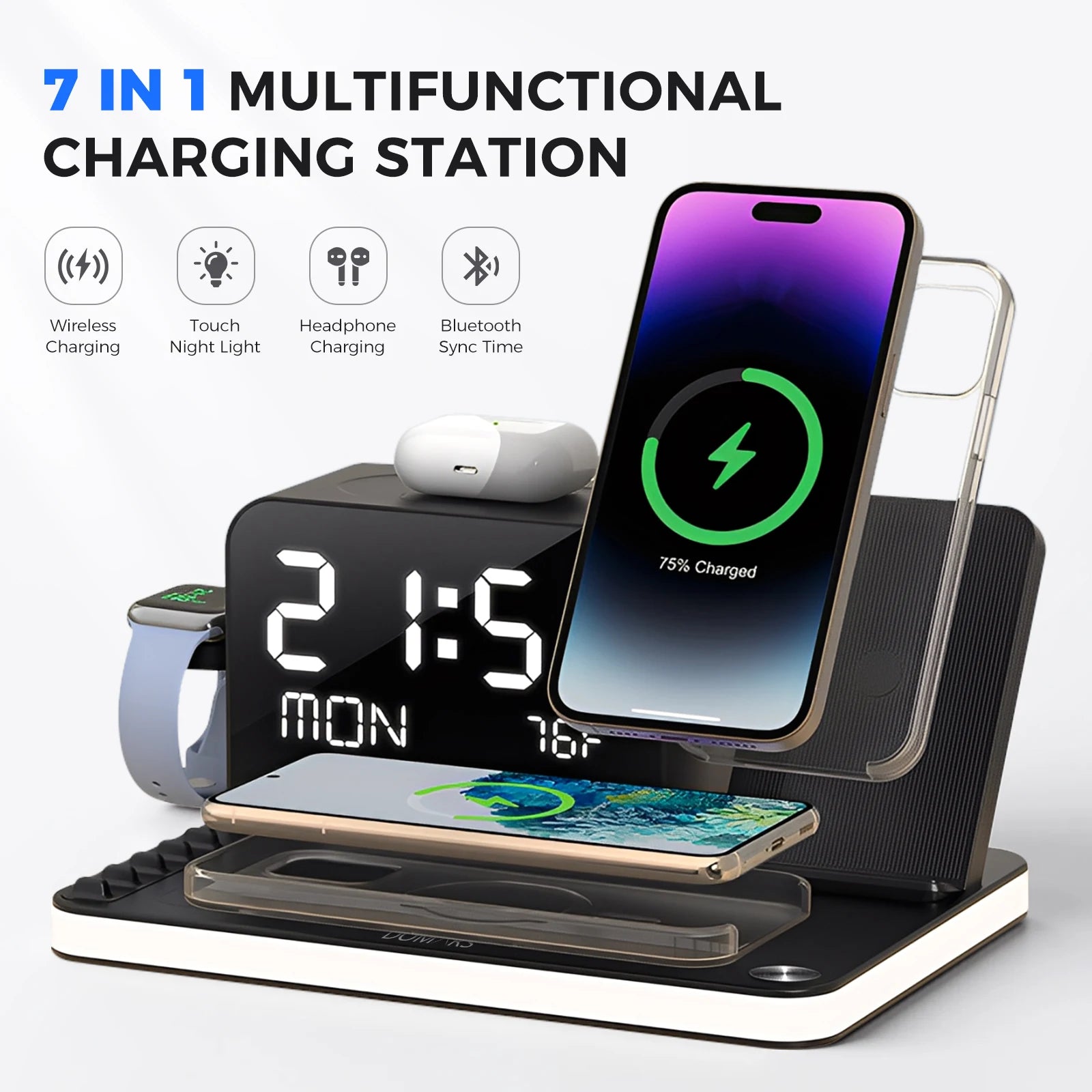 Domars 7-In-1 Wireless Charger Phone Charging Stand with Night Light Time Temperature Display for Iphone Headphones and Watches