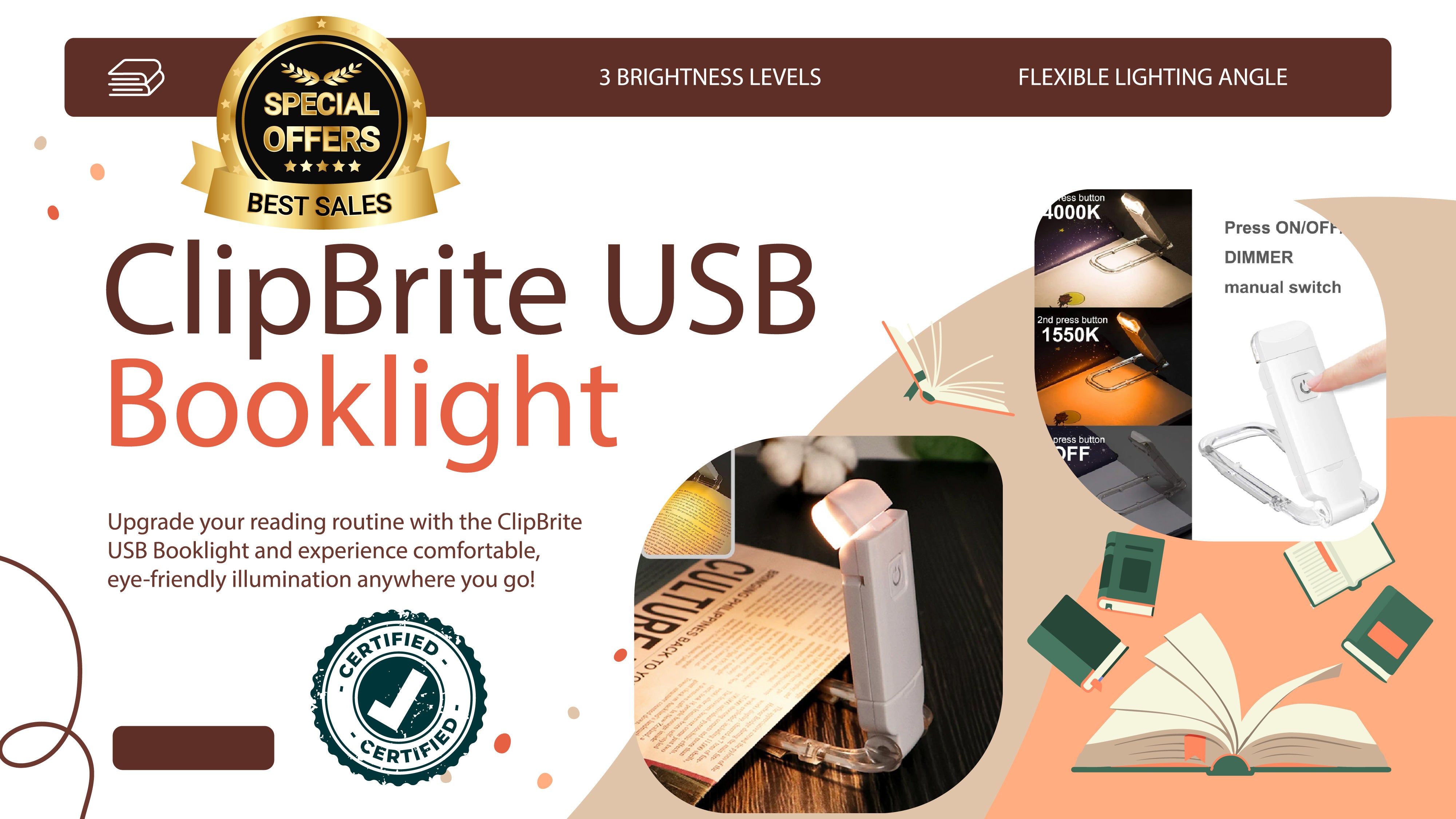 ClipBrite USB Booklight: Adjustable LED Eye-Care Lamp