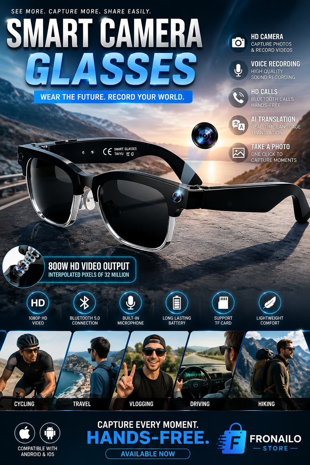 HD Smart camera glasses with bluetooth calls, voice recording & AI translation – wireless wearable sunglasses for android & iPhone