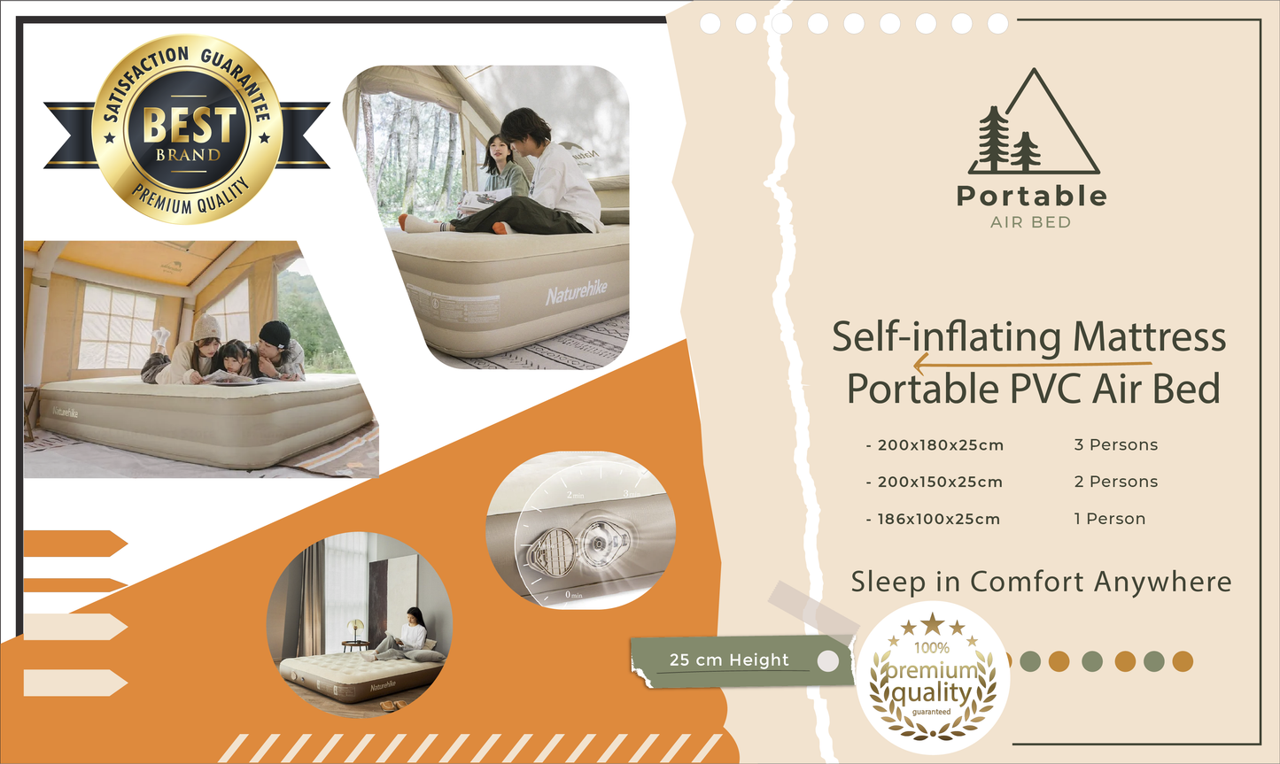 Portable PVC air bed with built-in pump for camping and tourism, 25CM height and self-Inflating