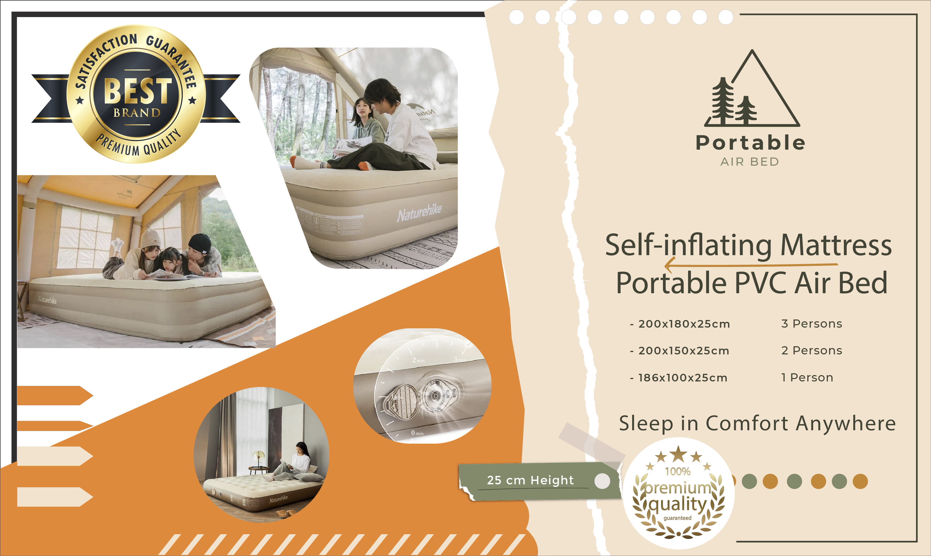 Portable PVC air bed with built-in pump for camping and tourism, 25CM height and self-Inflating