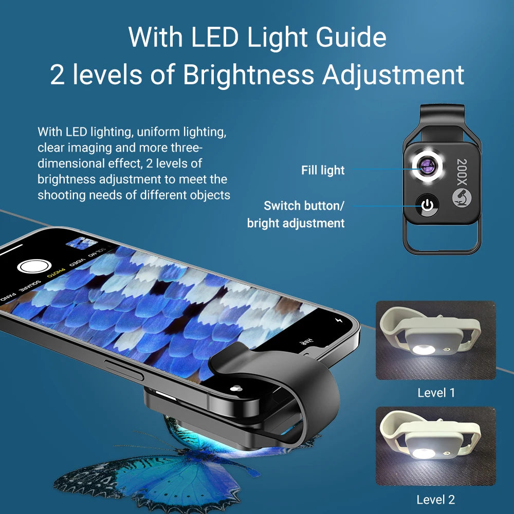 Highly versatile 200X microscope lens with phone clip for precise observation and appraisal in electronic and industrial fields.