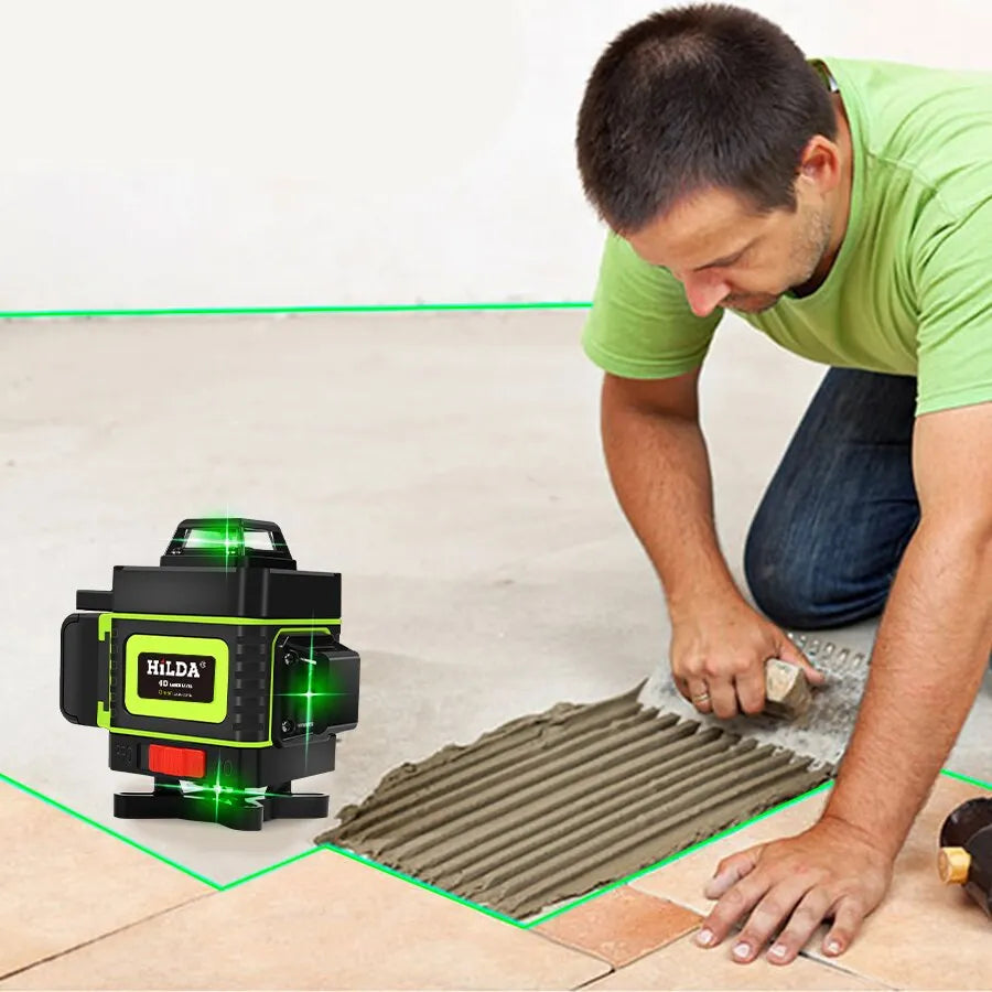 This laser level emits a green beam with 360° of horizontal and vertical self-leveling accuracy. The level's laser can cast a powerful light for maximum accuracy.