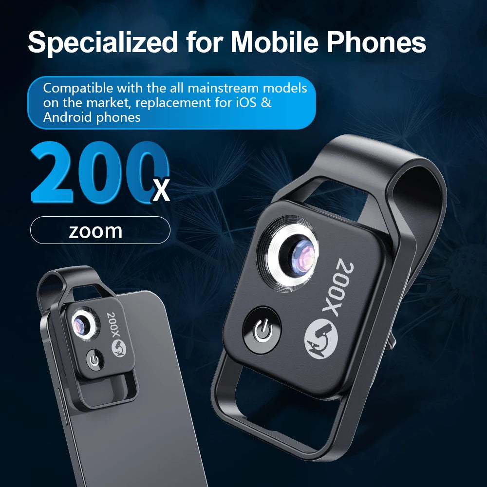 Highly versatile 200X microscope lens with phone clip for precise observation and appraisal in electronic and industrial fields.