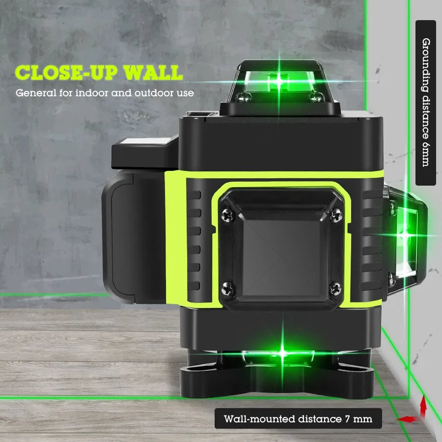 This laser level emits a green beam with 360° of horizontal and vertical self-leveling accuracy. The level's laser can cast a powerful light for maximum accuracy.