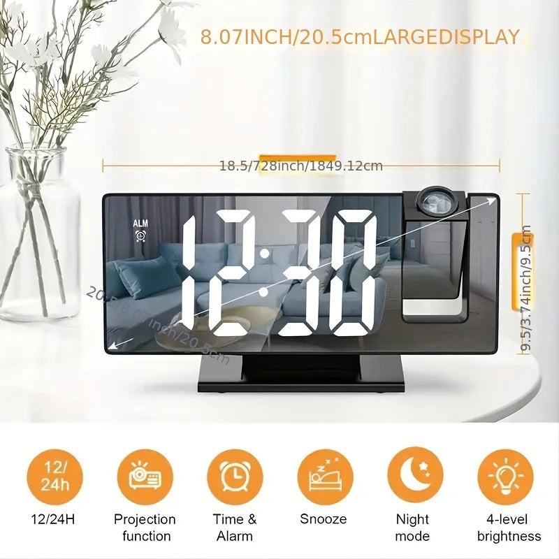 Large-screen mirror alarm clock with time projector