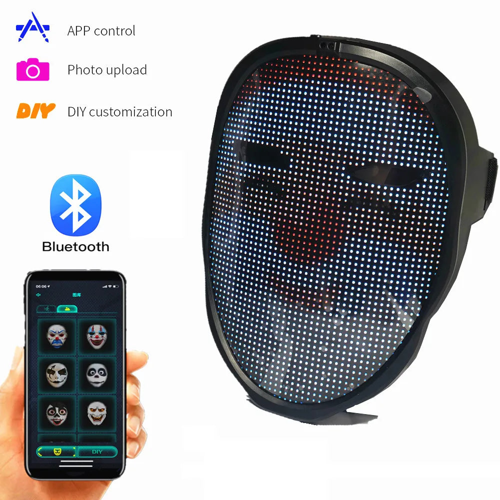 Christmas Full-Color Bluetooth Programmable LED Face-Changing Glowing Light up Mask for Halloween Shining Mask for Festival DJ