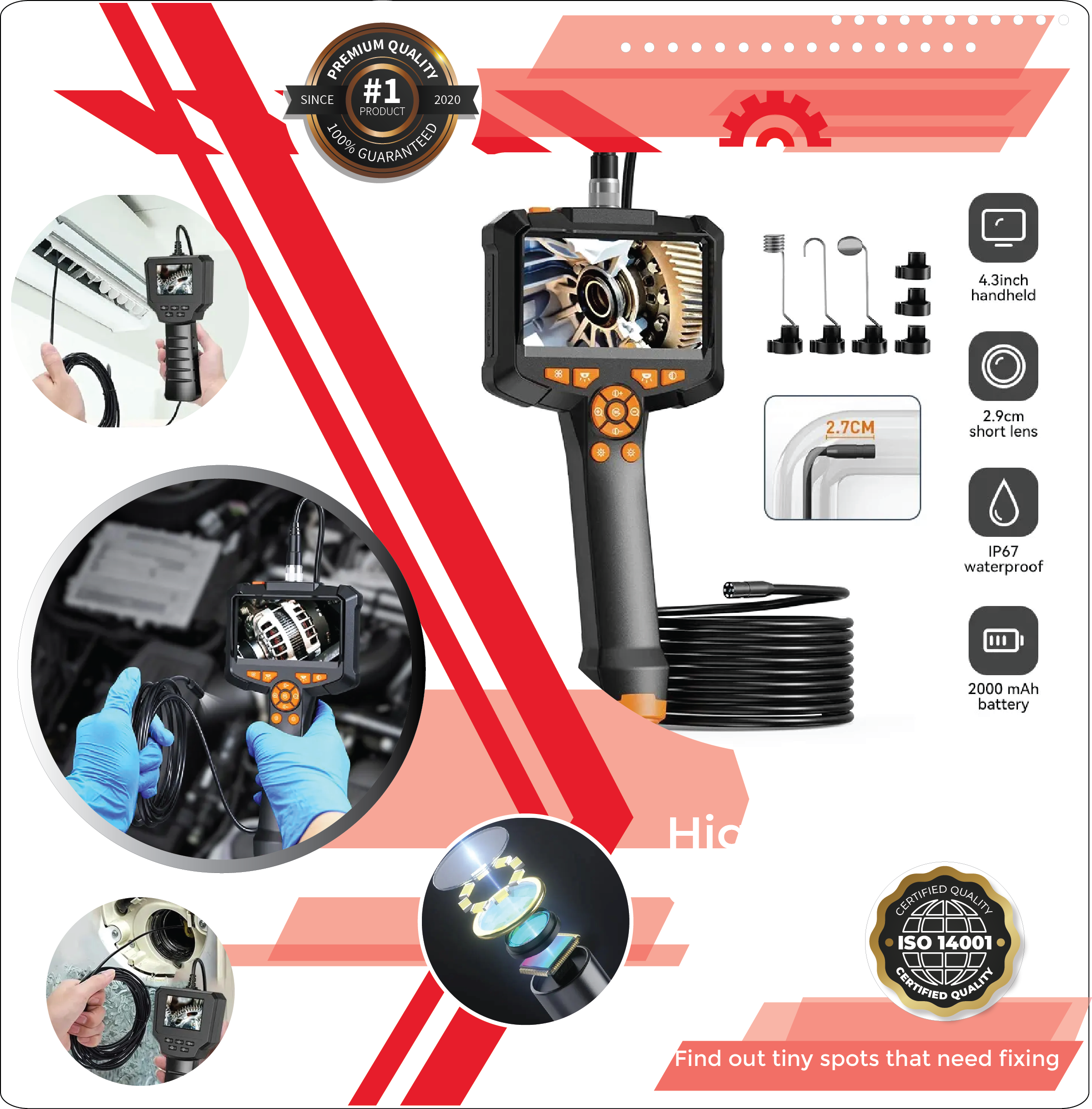 Load video: Professional industrial endoscope camera with 4.3" IPS screen, 8mm lens, and IP67 waterproofing. Ideal for HD1080P pipe and sewer inspections in cars