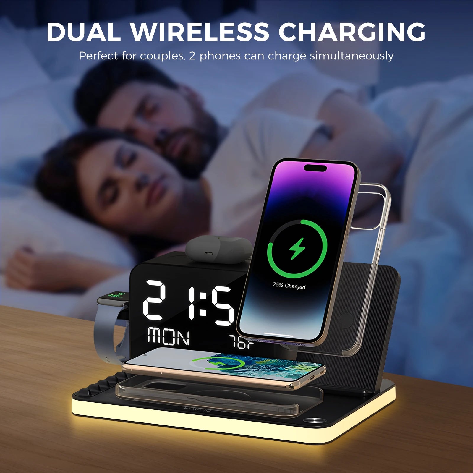 Domars 7-In-1 Wireless Charger Phone Charging Stand with Night Light Time Temperature Display for Iphone Headphones and Watches