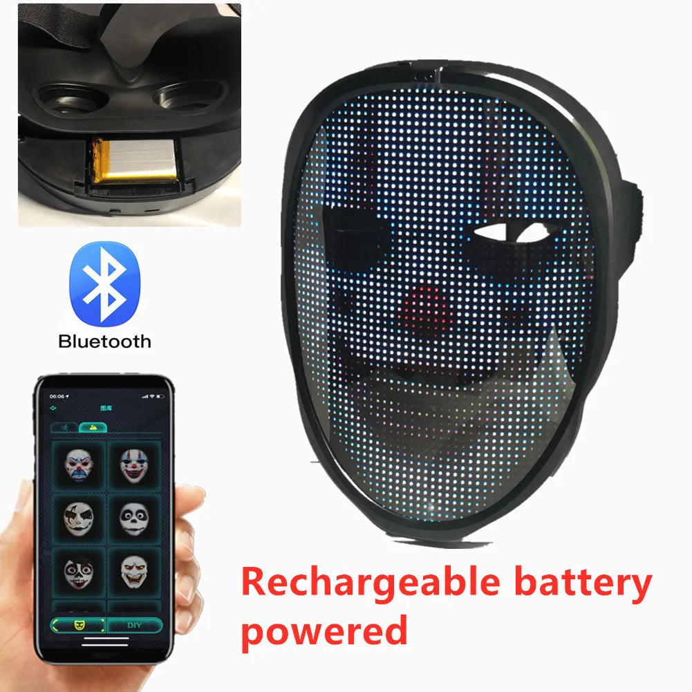 Christmas Full-Color Bluetooth Programmable LED Face-Changing Glowing Light up Mask for Halloween Shining Mask for Festival DJ