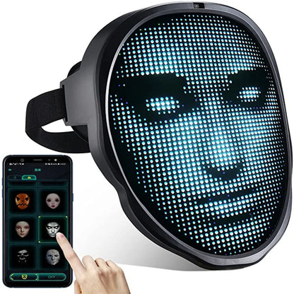 Christmas Full-Color Bluetooth Programmable LED Face-Changing Glowing Light up Mask for Halloween Shining Mask for Festival DJ