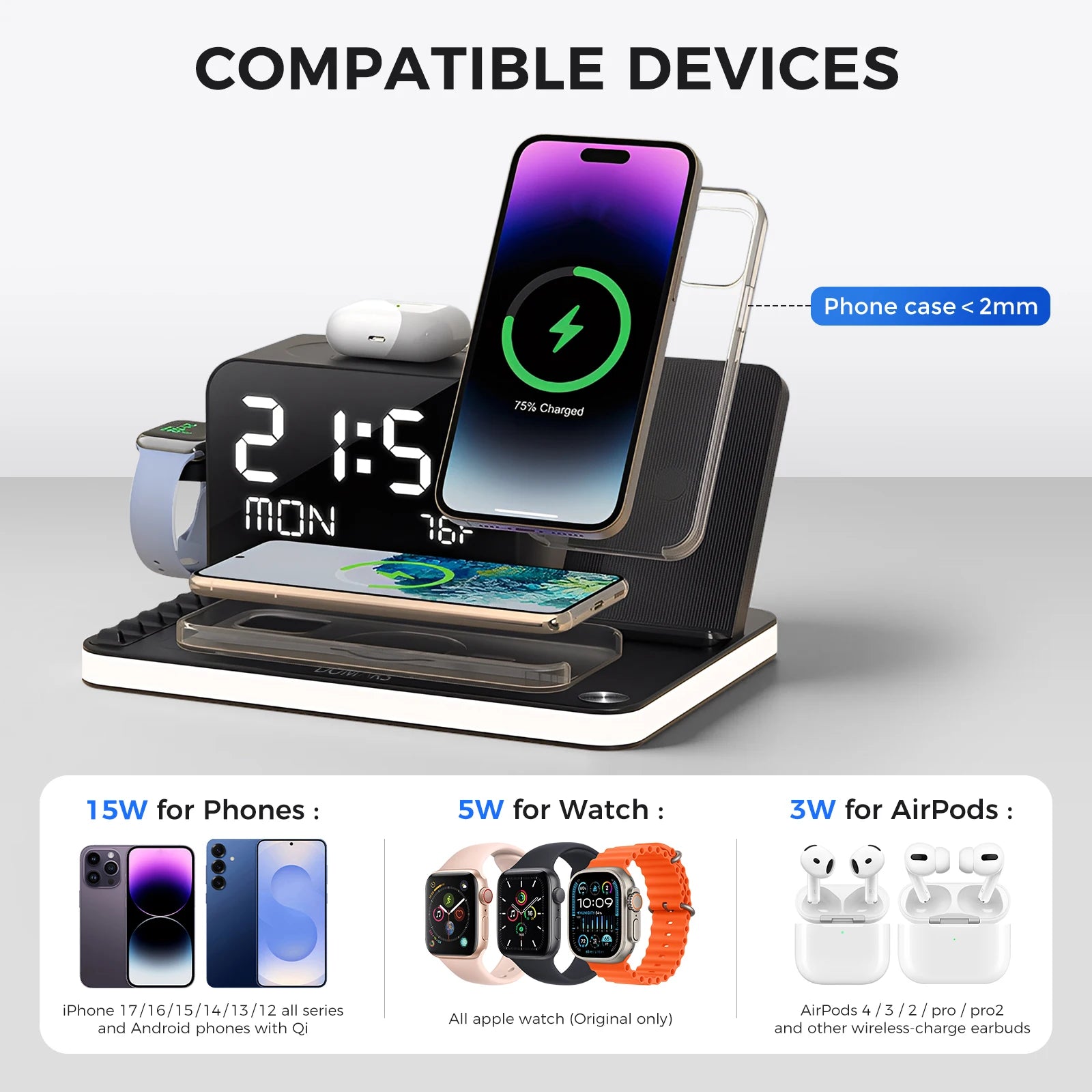 Domars 7-In-1 Wireless Charger Phone Charging Stand with Night Light Time Temperature Display for Iphone Headphones and Watches