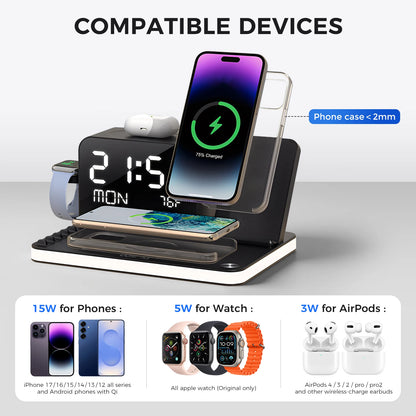 Domars 7-In-1 Wireless Charger Phone Charging Stand with Night Light Time Temperature Display for Iphone Headphones and Watches