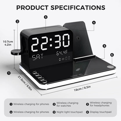 Domars 7-In-1 Wireless Charger Phone Charging Stand with Night Light Time Temperature Display for Iphone Headphones and Watches