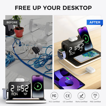 Domars 7-In-1 Wireless Charger Phone Charging Stand with Night Light Time Temperature Display for Iphone Headphones and Watches
