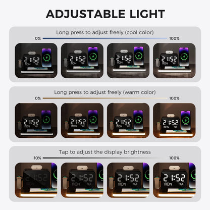 Domars 7-In-1 Wireless Charger Phone Charging Stand with Night Light Time Temperature Display for Iphone Headphones and Watches