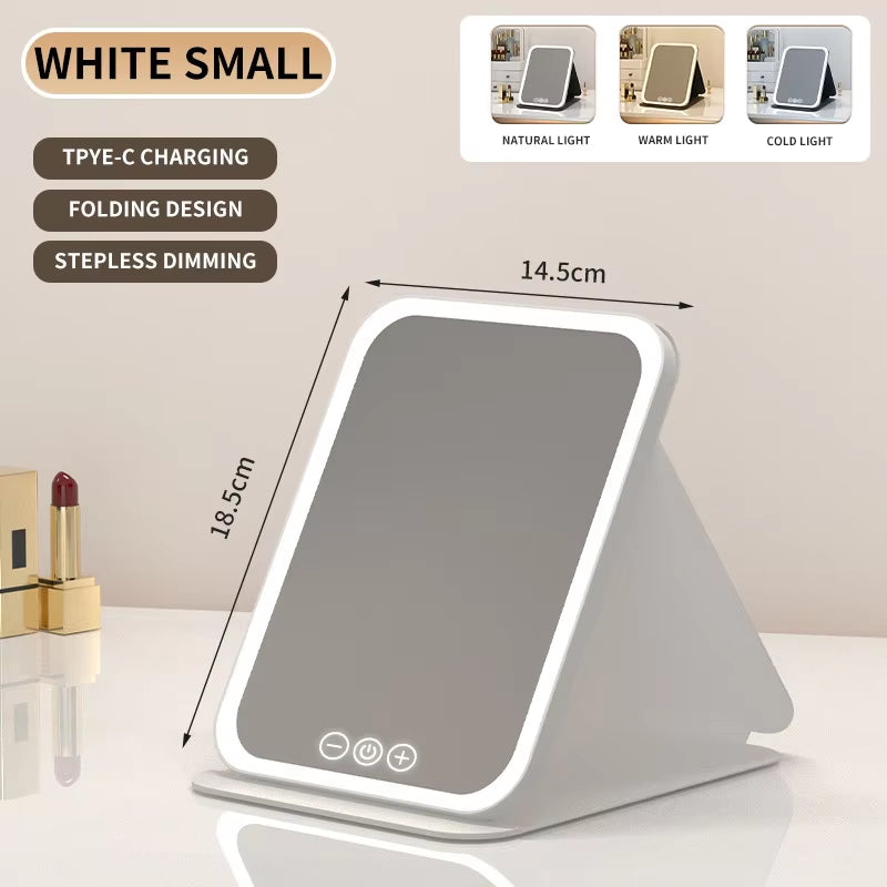 LED Dimmable Makeup Mirror 3 Colors Light Modes Adjust Brightness USB Charing Fold Mirror Tabletop Vanity Mirror for Travel Home