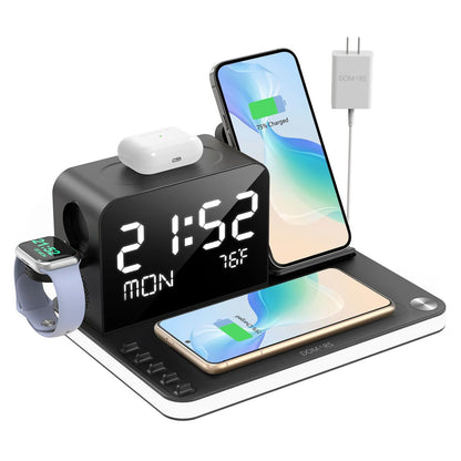 Domars 7-In-1 Wireless Charger Phone Charging Stand with Night Light Time Temperature Display for Iphone Headphones and Watches
