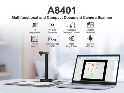 VIISAN A8401-16MP Portable Document Scanner Camera, A4 Capture USB Document Camera with Deskewing Compatible with Windows&Macos