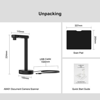 VIISAN A8401-16MP Portable Document Scanner Camera, A4 Capture USB Document Camera with Deskewing Compatible with Windows&Macos
