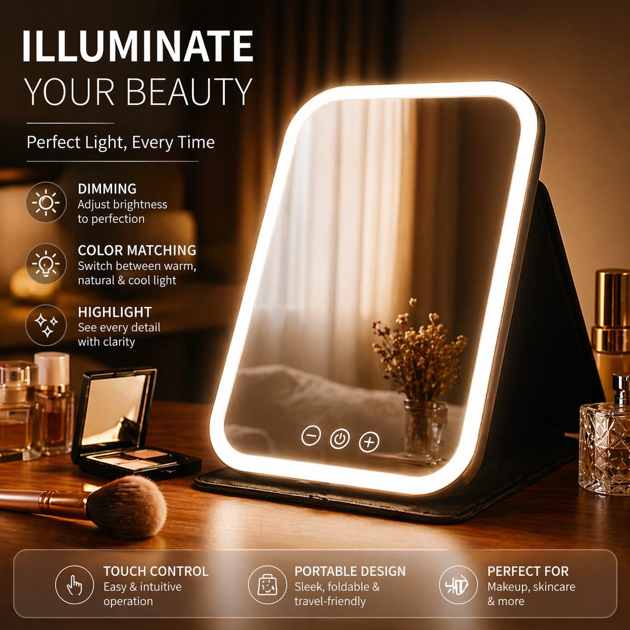 Makeup fold mirror with light