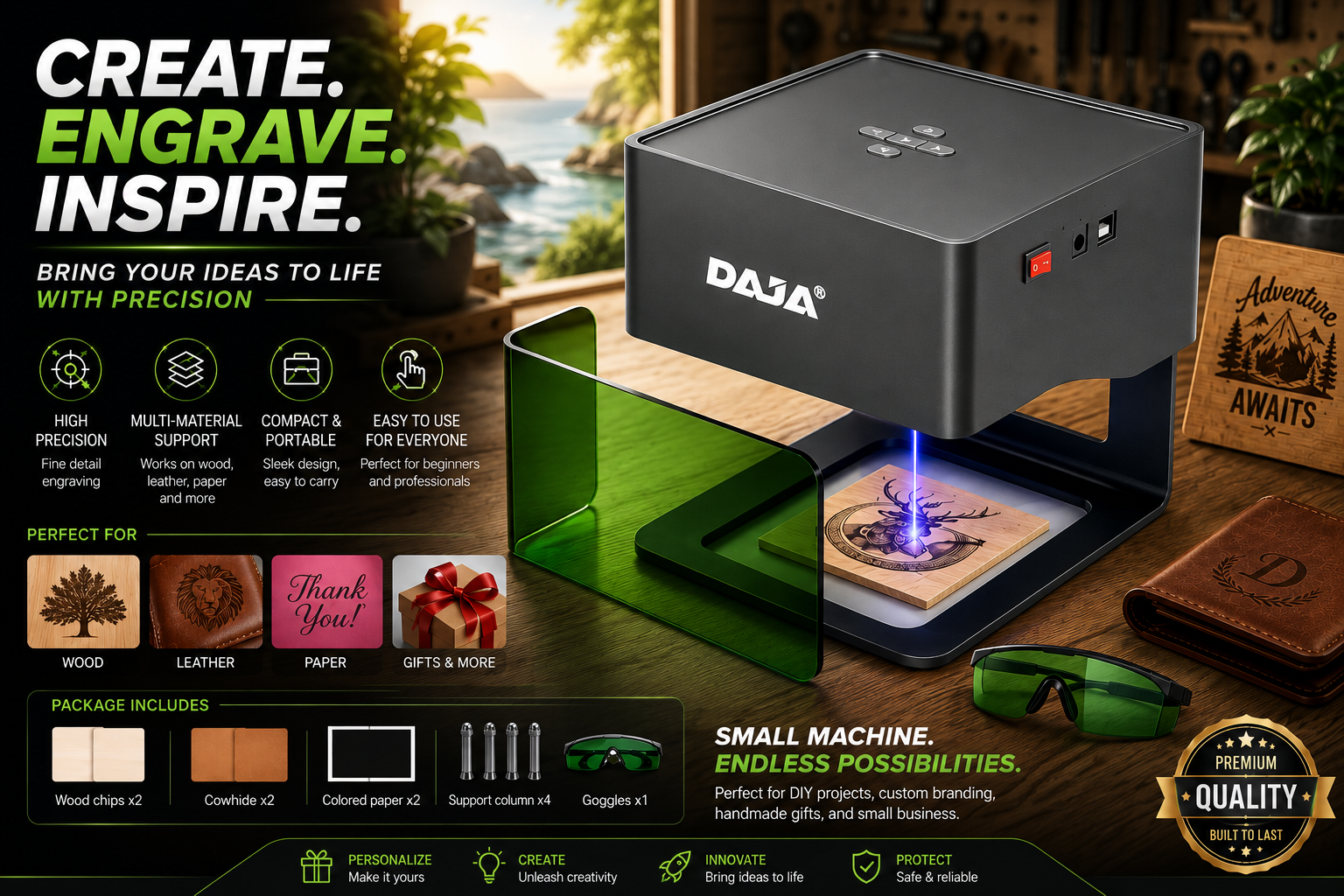 Laser engraver CNC DIY DJ6 designed to quickly engrave logos and markings on wood, plastic, and other materials, featuring 3000mw laser power.