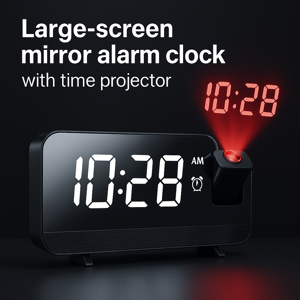Large-screen mirror alarm clock with time projector