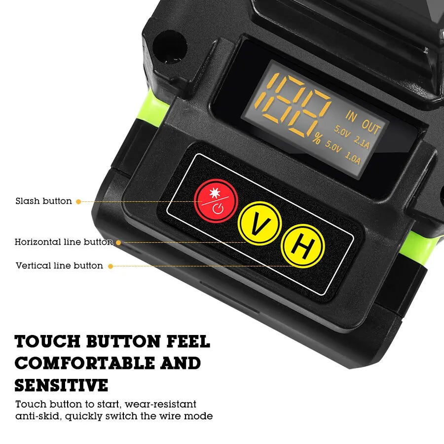 This laser level emits a green beam with 360° of horizontal and vertical self-leveling accuracy. The level's laser can cast a powerful light for maximum accuracy.
