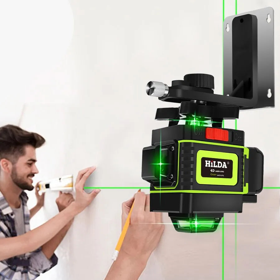 This laser level emits a green beam with 360° of horizontal and vertical self-leveling accuracy. The level's laser can cast a powerful light for maximum accuracy.