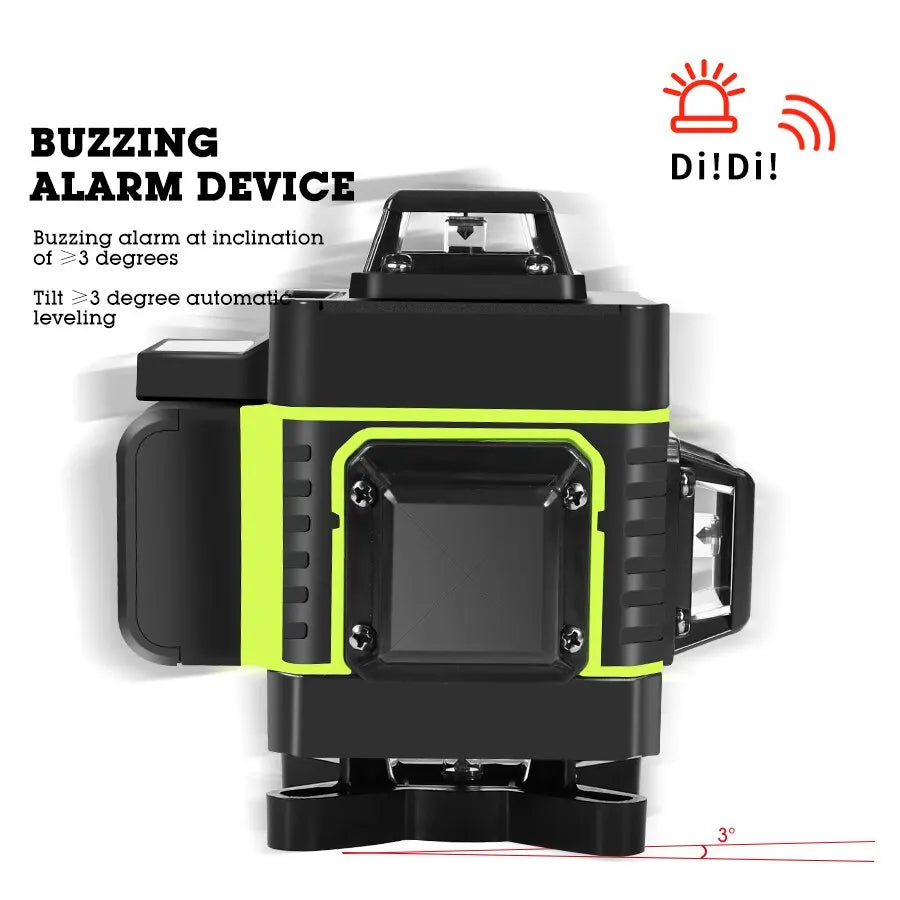 This laser level emits a green beam with 360° of horizontal and vertical self-leveling accuracy. The level's laser can cast a powerful light for maximum accuracy.