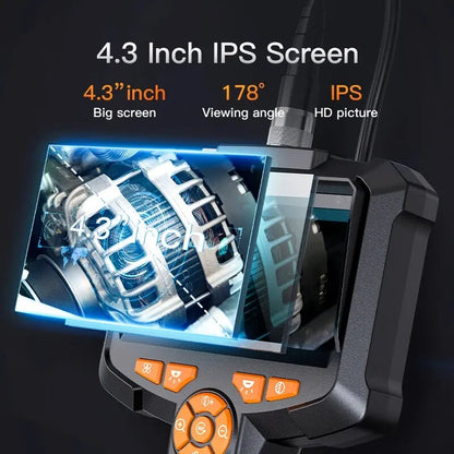 Professional industrial endoscope camera with 4.3" IPS screen, 8mm lens, and IP67 waterproofing. Ideal for HD1080P pipe and sewer inspections in cars