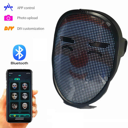 Christmas Full-Color Bluetooth Programmable LED Face-Changing Glowing Light up Mask for Halloween Shining Mask for Festival DJ