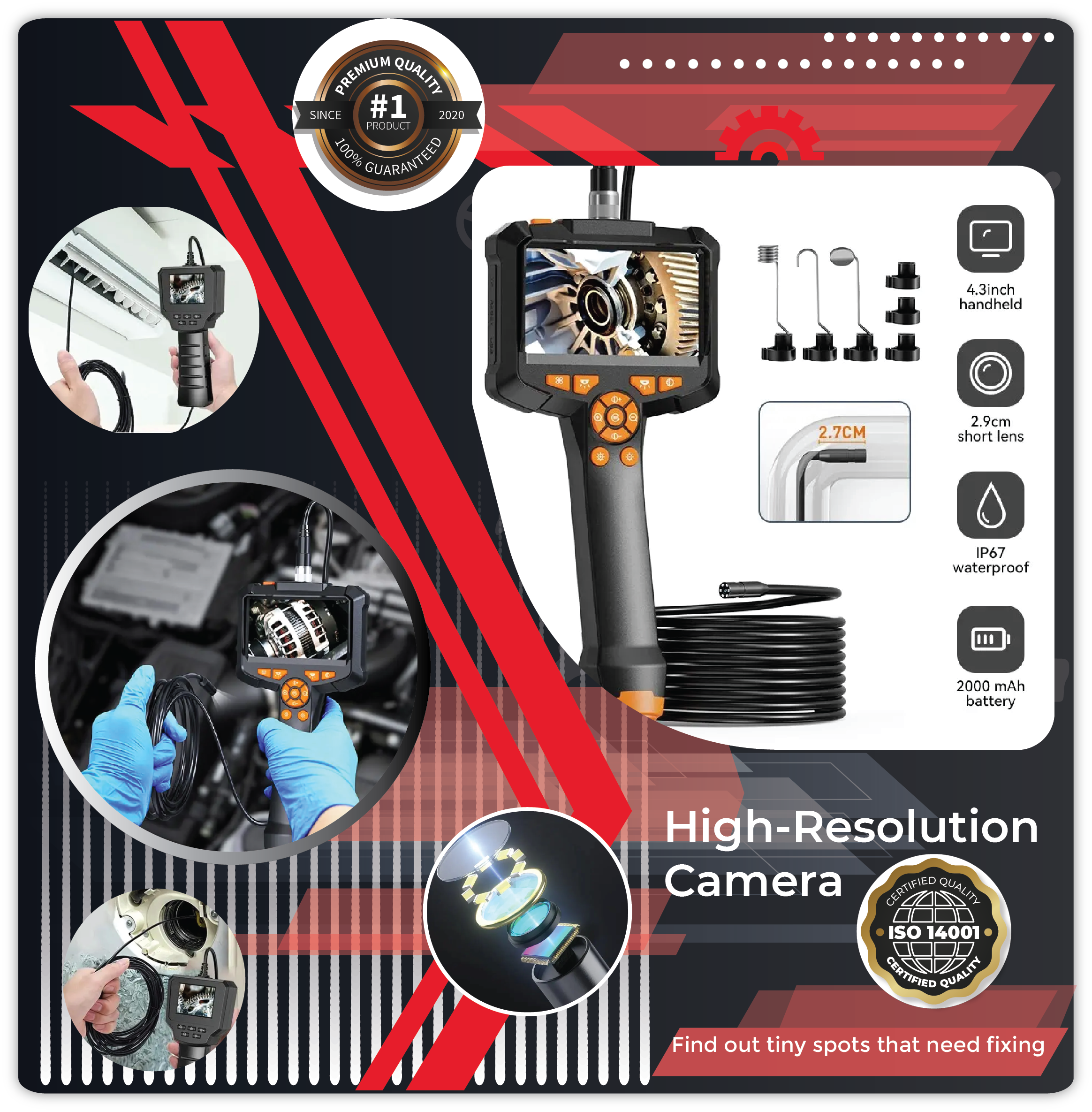 Professional industrial endoscope camera with 4.3" IPS screen, 8mm lens, and IP67 waterproofing. Ideal for HD1080P pipe and sewer inspections in cars