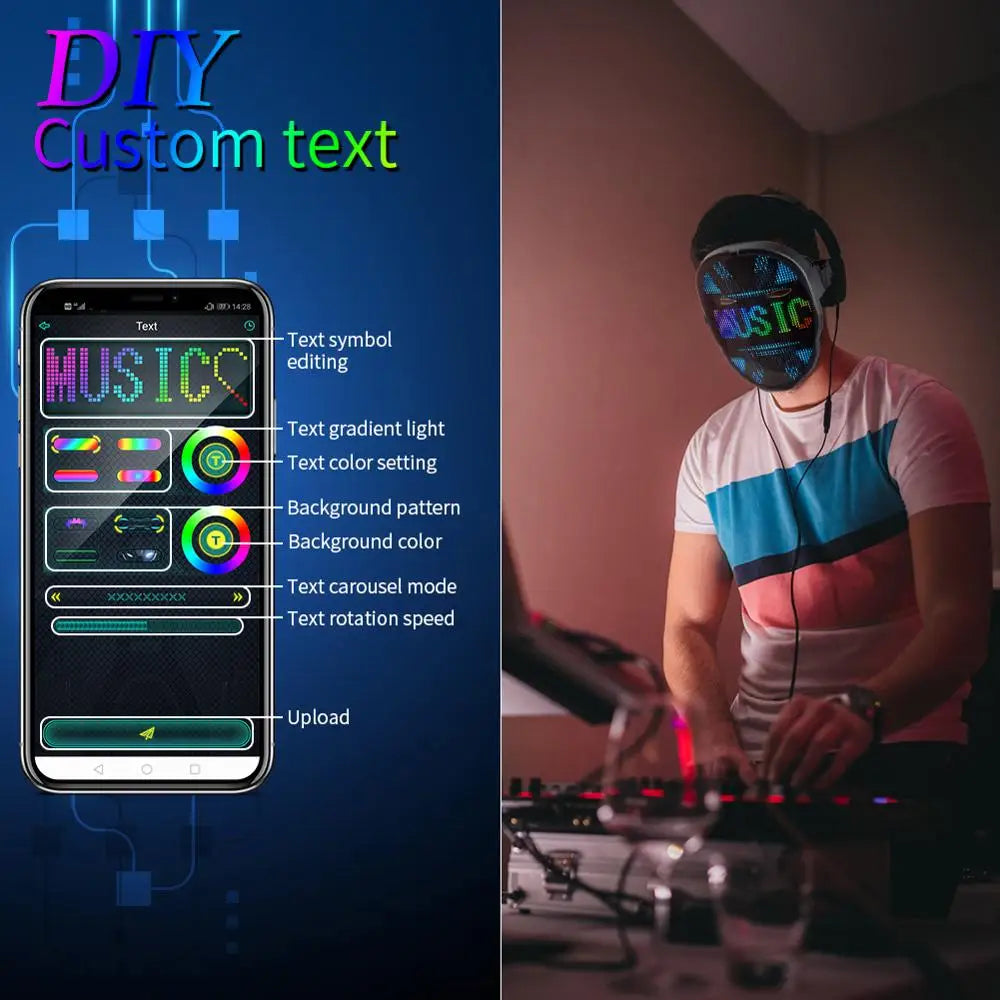 Christmas Full-Color Bluetooth Programmable LED Face-Changing Glowing Light up Mask for Halloween Shining Mask for Festival DJ